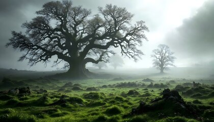 Un campo verde con árboles al fondo