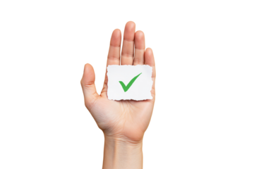 Hand holding a torn piece of paper with a green check mark, isolated on a white background. Concept of approval, validation, agreement, or confirmation. Ai generative