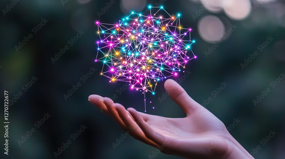 Poster hand holding a glowing network of light connections representing global data and communication