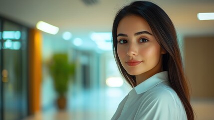 Naklejka premium businesswoman posing with crossed arms, looking at camera in corporate office