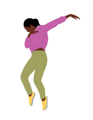 Young black woman in trendy street fashion clothes dancing at club or music concert. Female cartoon character having fun at dance party. Flat colorful vector illustration isolated