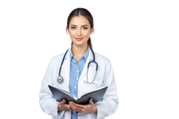 Confident female doctor wearing white coat and stethoscope, holding an open book. Isolated on white background. Concept of medical education and healthcare. Ai generative