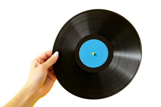 Hand holding a classic vinyl record with a blue label, isolated on a white background. Concept of retro music, nostalgia, and vintage audio collection. Ai generative - Powered by Adobe