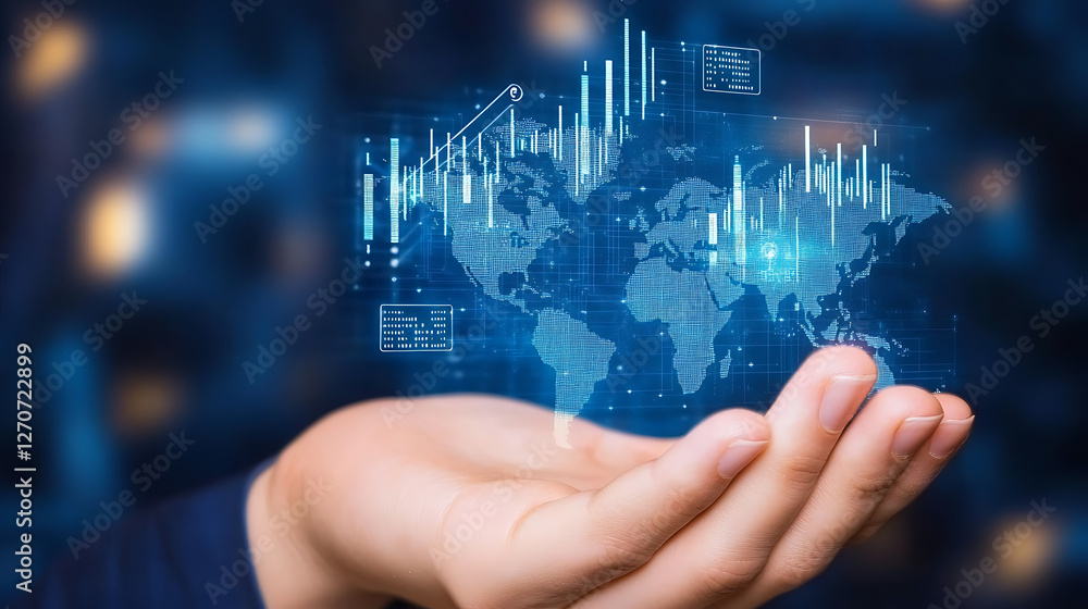 Poster hand holding digital world map with data analytics graphic displaying global business overview