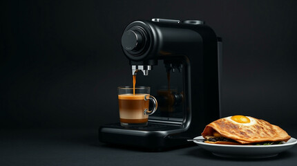 Hot coffee flow to a cup on espresso machine, minimal style, Dark Dramatic Lighting.