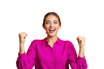 Happy young woman in pink blouse raising fists in excitement on white background. Isolated image expressing joy, success, and celebration. Ai generative