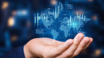 Fototapeta premium Hand Holding Digital World Map with Data Analytics Graphic Displaying Global Business Overview