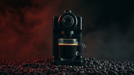 Hot coffee flow to a cup on espresso machine, minimal style, Dark Dramatic Lighting.