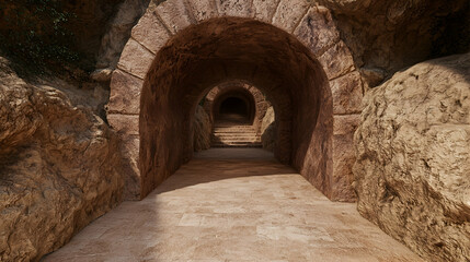 Stone archway tunnel pathway, ancient ruins background, travel adventure