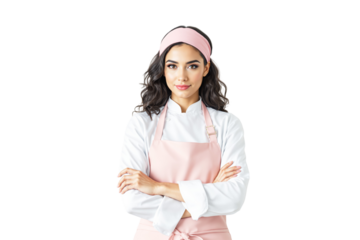 Confident female pastry chef wearing a pink apron and headband, standing with arms crossed on a white background. Concept of bakery, cooking, and professionalism. Ai generative