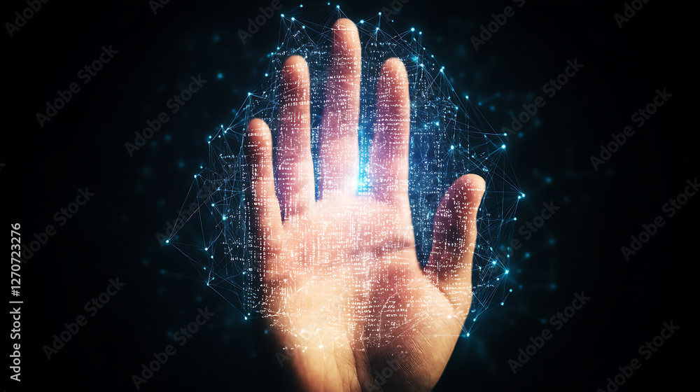 Poster hand interacting with digital network code technology interface connection conceptualization