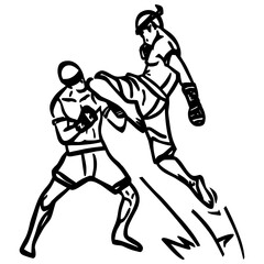 Vector illustration of two martial artists in Muay Thai, Muay Boran, kickboxing or MMA combat. Black and white line art drawing, silhouette 