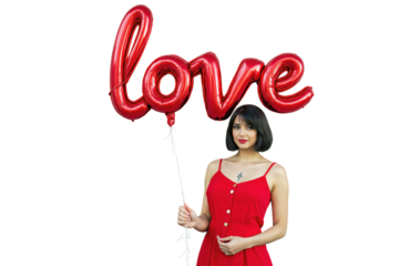Woman in red dress holding love-shaped red balloon. Isolated on white background. Concept of romance, celebration, Valentine's Day, affection. Ai generative