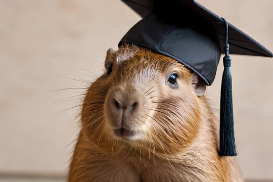 Capybara wearing graduation cap celebrates achievement in a fun, lighthearted setting