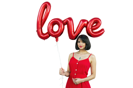 Woman in red dress holding love-shaped red balloon. Isolated on white background. Concept of romance, celebration, Valentine's Day, affection. Ai generative