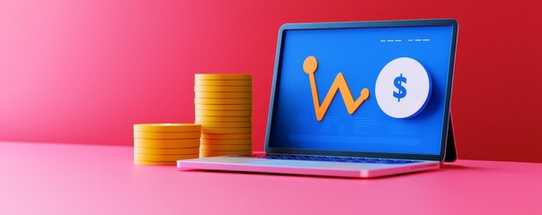 A laptop displays a financial graph and dollar sign, with stacks of coins beside it, symbolizing digital finance and investment growth.