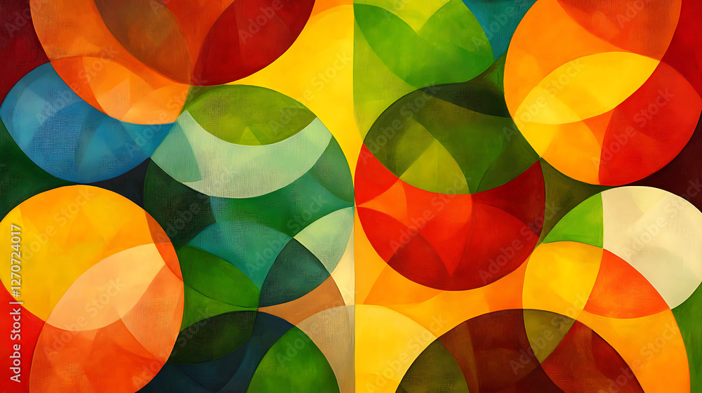 Poster harmonious overlapping circles abstract painting in vibrant colors and textured canvas detail 90