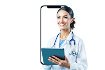 Female doctor in a white coat with a stethoscope, holding a tablet, with a smartphone frame effect around her face on a white background. Ai generative