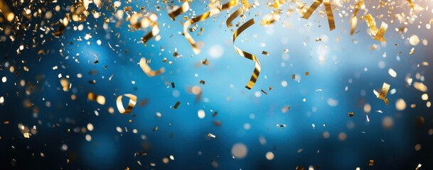 Glimmering Gold Confetti and Streamers Falling Against a Bright Blue Background for Celebrations and Festive Occasions