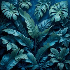collection of tropical leaves,foliage plant in blue color with space background