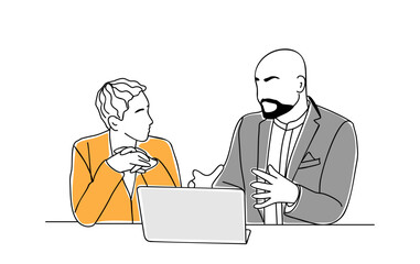 Senior business couple, man and woman colleagues sitting at the desk, working together at laptop. Project, discussion, teamwork, meeting, brainstorming concept. Outline hand drawn vector illustration.