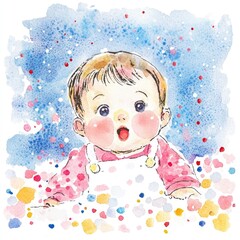 Fototapeta premium Adorable Watercolor Baby Portrait Joyful Infant in Pink Outfit Amidst Colorful Confetti