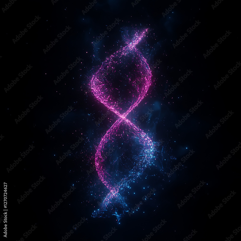 Poster helix of abstract light forms on dark field genetic data visualization digital science art