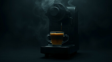 Hot coffee flow to a cup on espresso machine, minimal style, Dark Dramatic Lighting.