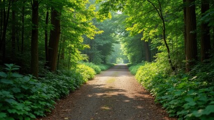 Obraz premium Serene Forest Path Through Lush Greenery Invites Exploration and Tranquility; a Perfect Nature Retreat and Outdoor Adventure