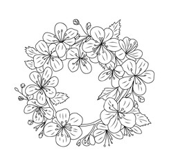 Hand drawn botanical wreath line art vector illustration isolated on transparent background. Circle frame with hawthorn, may birth month flowers in black ink sketch style. Elegant outline drawing.