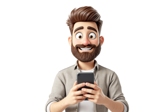 Happy cartoon man with beard holding smartphone, isolated on white background. He looks excited while using his phone. Concept of communication and technology. Ai generative