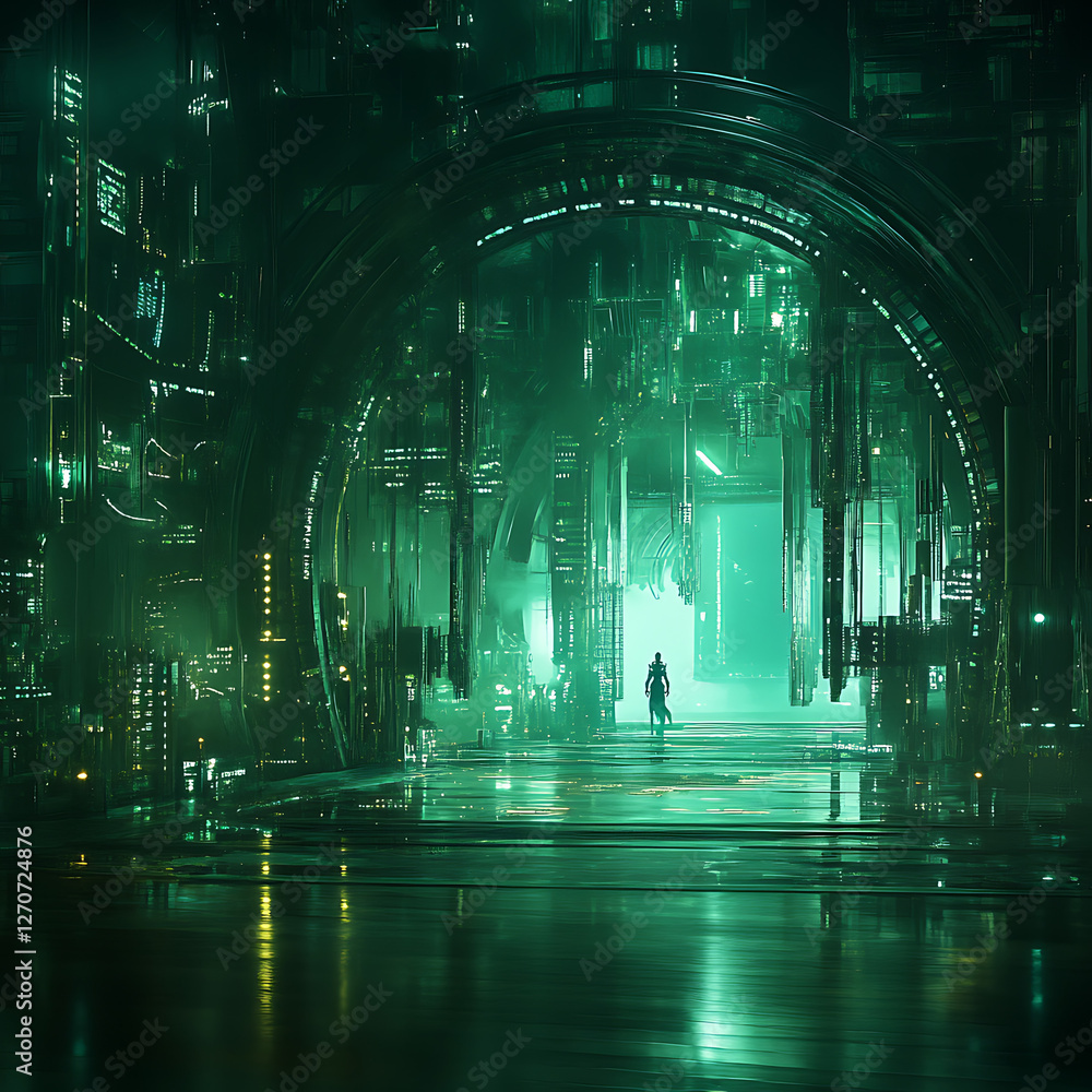 Poster heroic figure in futuristic cityscape environment with arched structures and glimmering illumination