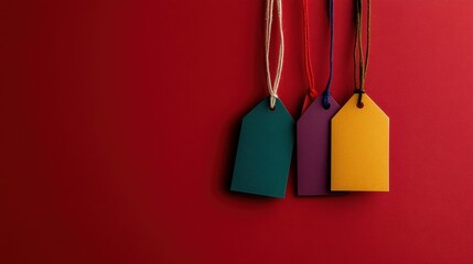 Colorful tags hanging on red background with blue, purple, yellow