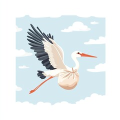 Obraz premium White Stork Carrying Baby Bundle in Flight Sky Background Cute Illustration