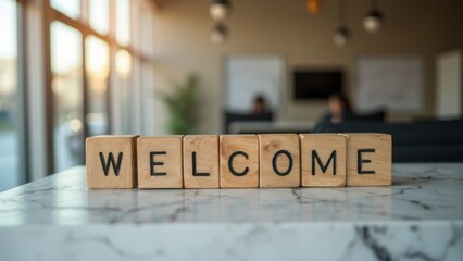 Welcoming Sign on a Modern Desk Brings Warmth and Light, Enhancing Office Design and Coworking Hospitality