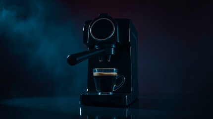 Fototapeta premium Hot coffee flow to a cup on espresso machine, minimal style, Dark Dramatic Lighting.