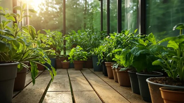 A row of potted plants sit on a wooden floor