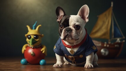 A cartoon-style depiction of a French Bulldog dressed as a pirate, complete with a tiny eye patch and a toy parrot on its shoulder.