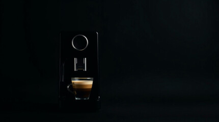 Hot coffee flow to a cup on espresso machine, minimal style, Dark Dramatic Lighting.