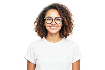 Obraz premium A smiling woman with curly hair wearing glasses and a white t-shirt, isolated on a white background. Concept of happiness, confidence, and positivity. Ai generative