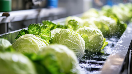 Cabbage washing process in an industrial food processing plant showing vibrant vegetables and efficient production operations
