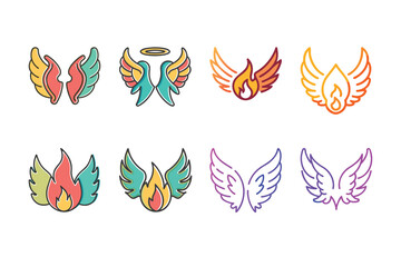 Fototapeta premium Unique collection of angel wings in cartoon doodle line art and trendy hand-drawn flat style vector illustrations.
