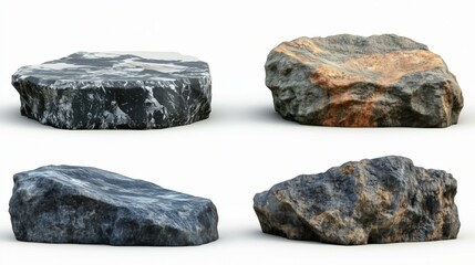 Fototapeta premium Collection set of four rocky slabs podium isolated on white background