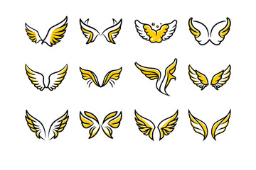 Naklejka premium Unique collection of angel wings in cartoon doodle line art and trendy hand-drawn flat style vector illustrations.