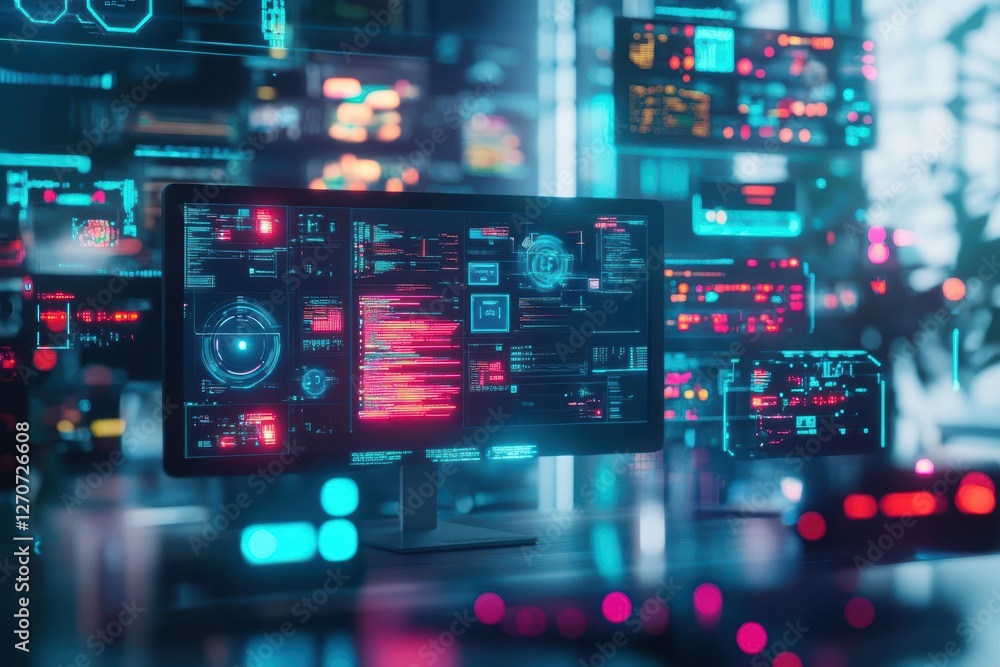 Poster futuristic computer screen displaying innovative user interface with neon colors and dynamic element
