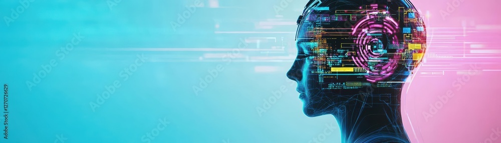 Poster futuristic head with high-tech interface displaying vivid graphics and data visualizations creating 
