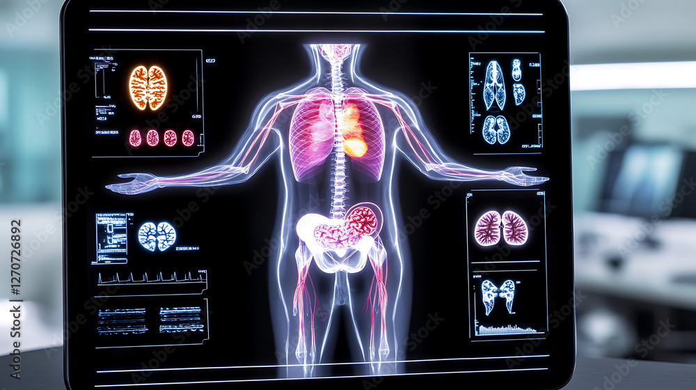 Poster human anatomy scan with internal organs and brain imaging diagnostics on a computer screen display