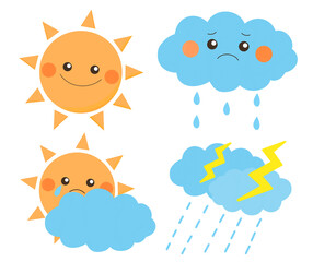 かわいい太陽と雲と雷のゆるかわイラストセット