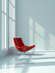 A red chair sits in a minimalist white room with a large window.