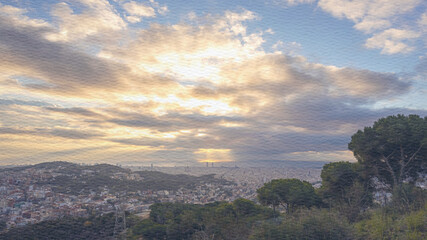 Beautiful view of a city with a large tree in the foreground